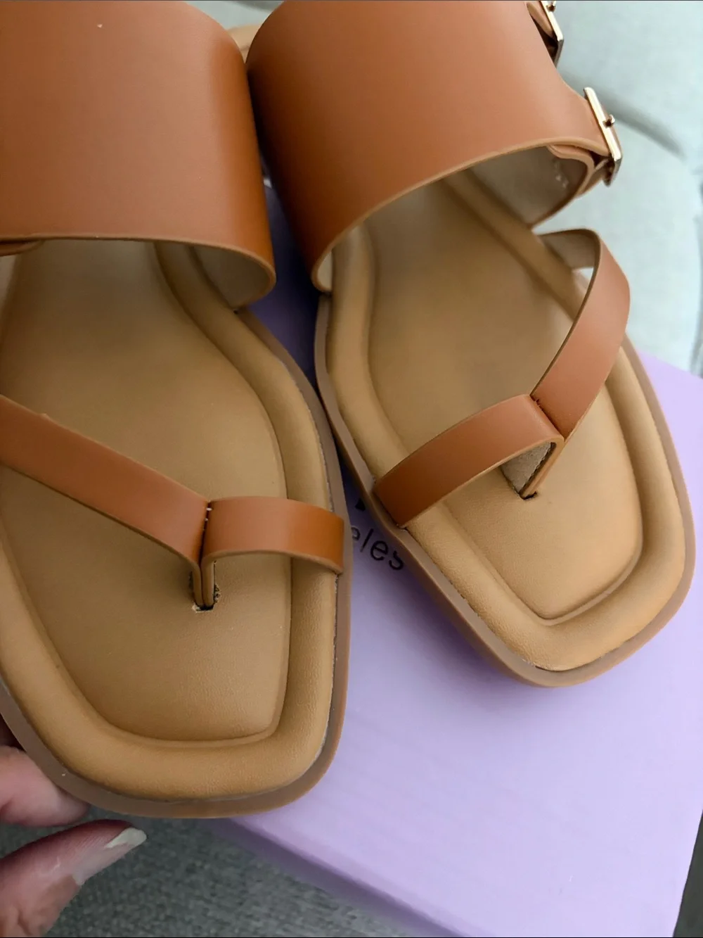 Jayleen Tan Leather Slide Sandals with Buckle Detail